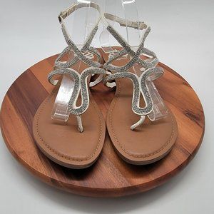 Fergalicious Women Shoes Size 9.5 White Rhinestone Strappy Thong Flat Sandal